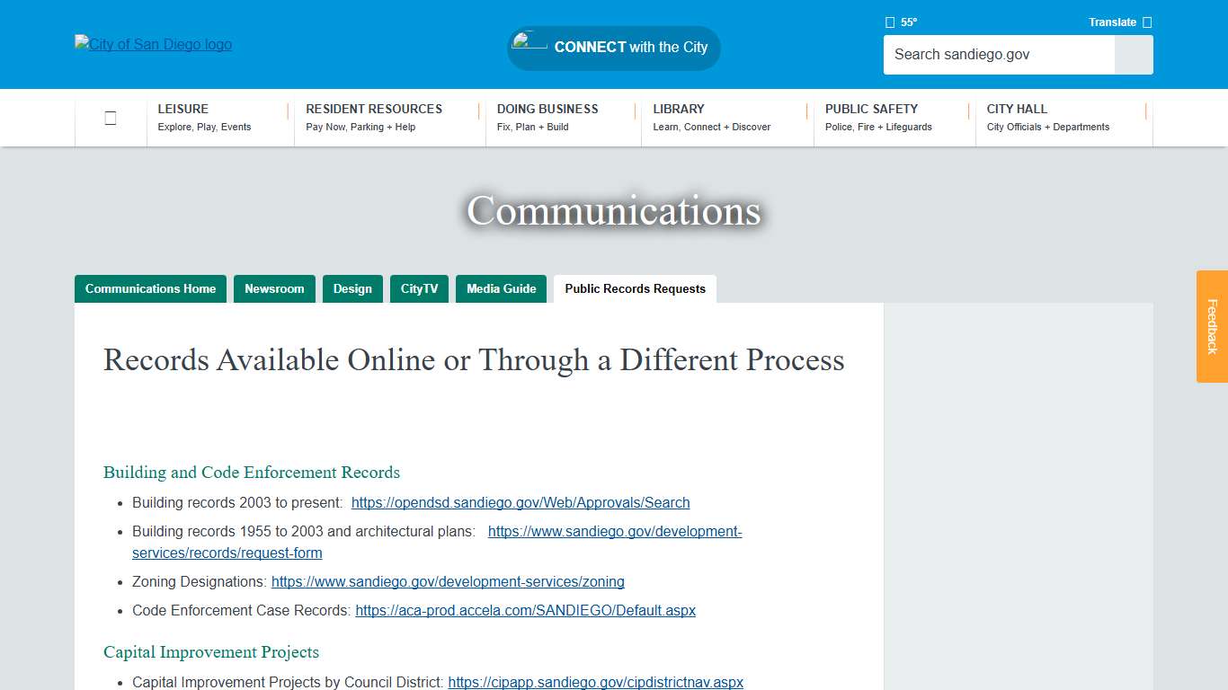 Records Available Online or Through a Different Process City of San Diego Official Website
